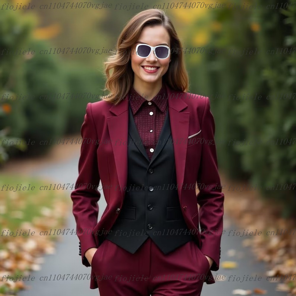 Blazer Set Women Formal - Burgunderroter und schwarzer formeller Business-Anzug für