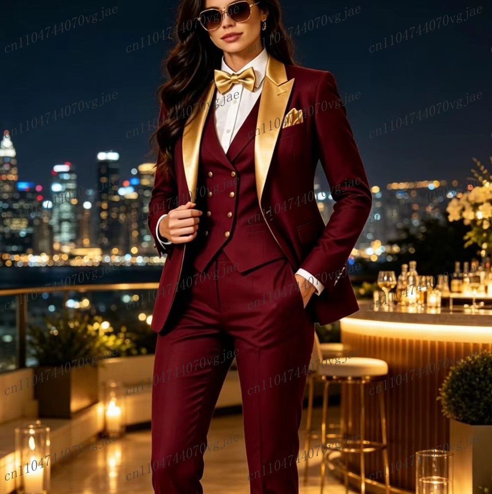 Blazer Set Women Formal - Goldener Kragen und burgunderroter formeller Business-Anzug