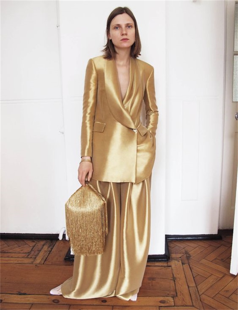 Women'S Formal Wear For A Wedding - Gold-Seidensatin-Damenanzüge, Büro-Set für Hochzeit, Smoking, 2-teilig,