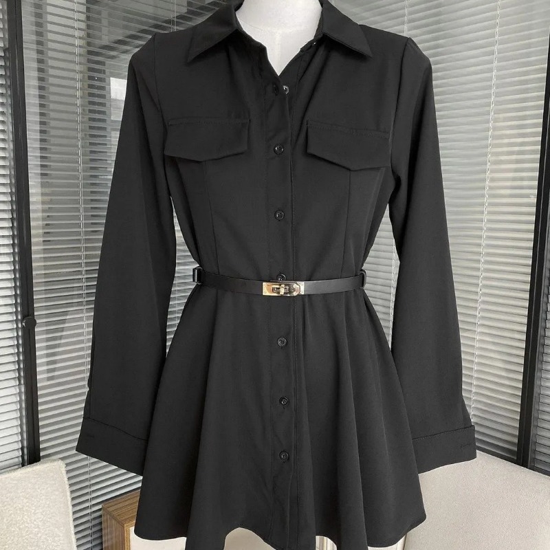 Women Formal Wear Stitching - Schwarzes Hemdkleid für Damen, langärmeliges Hemdkleid