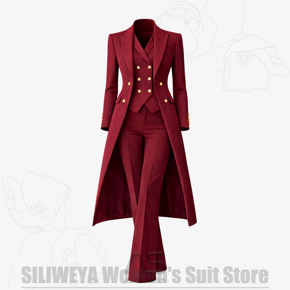 Women Formal Wear Business - Damenanzug 3-teilig Doppelreihiger Langer Mantel Weste