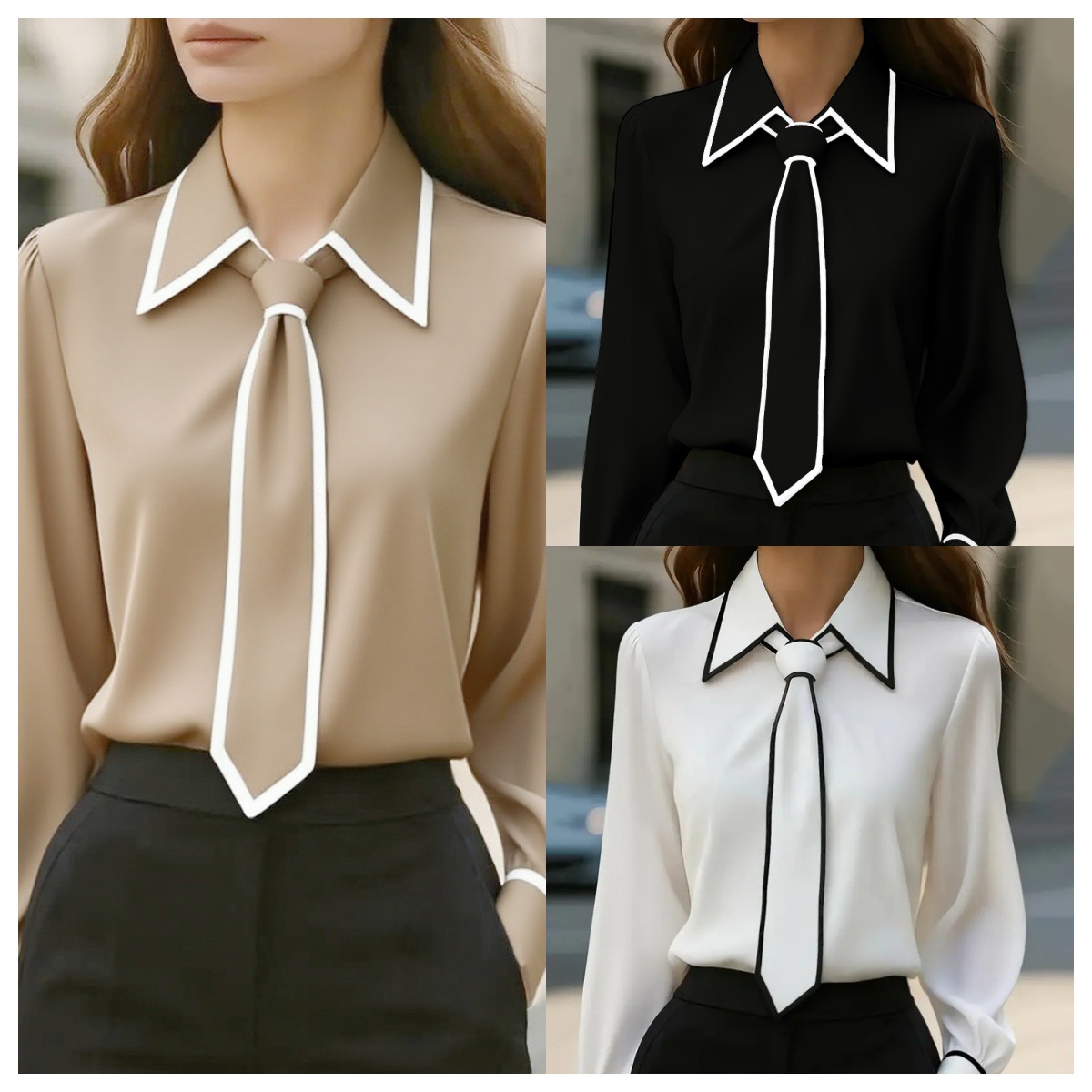 Women Formal Wear With Tie - Damenbluse mit Kontrastbesatz und Bindekragen, formelles