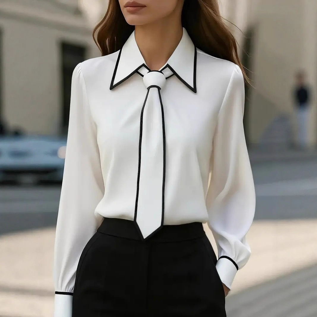 Damenbluse mit Kontrastbesatz  – Women Formal Wear With Tie Bewertung und Preis